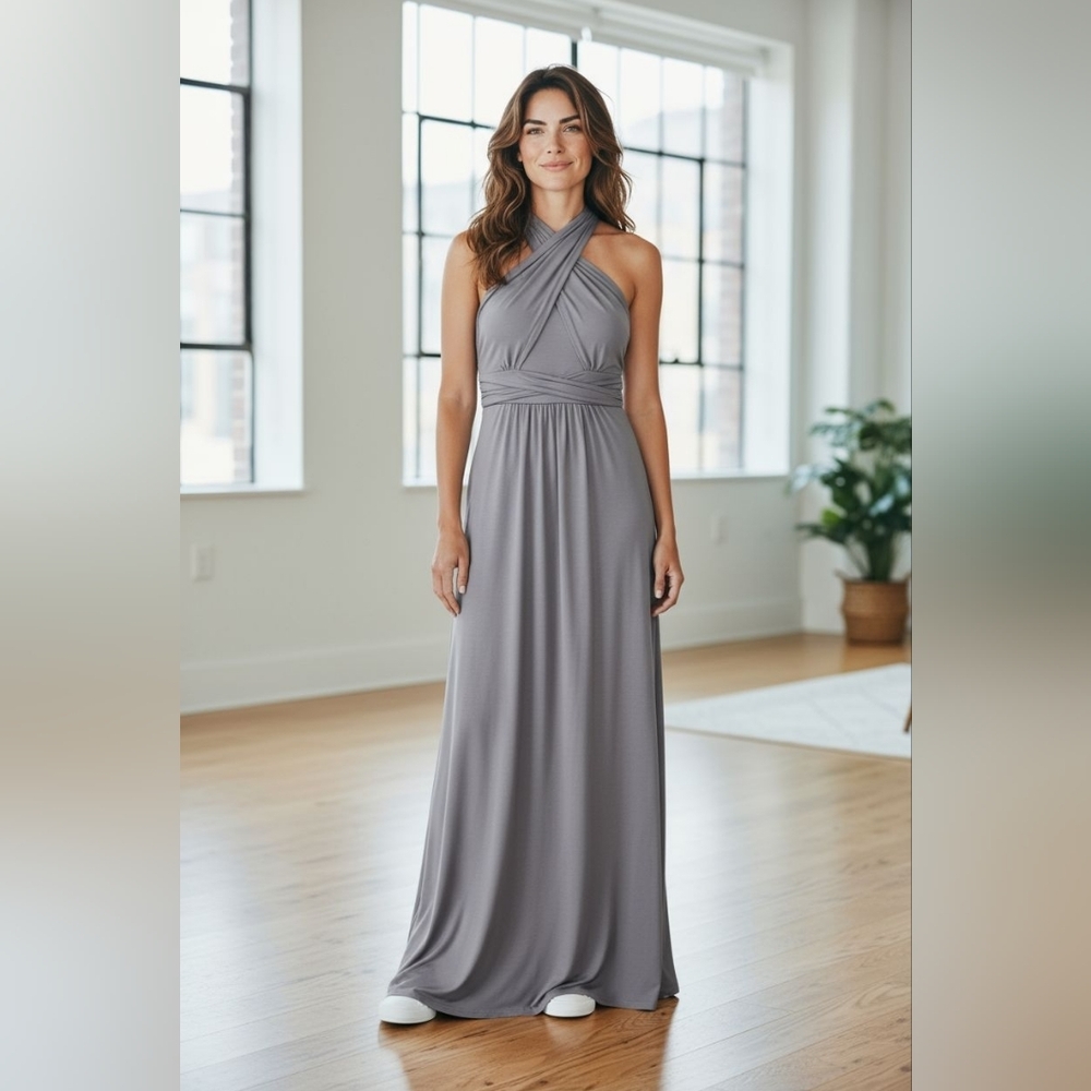 VERA WANG Formal Twist Neck Gown Size 6 Silver Grey Bridesmaid Special Occasion